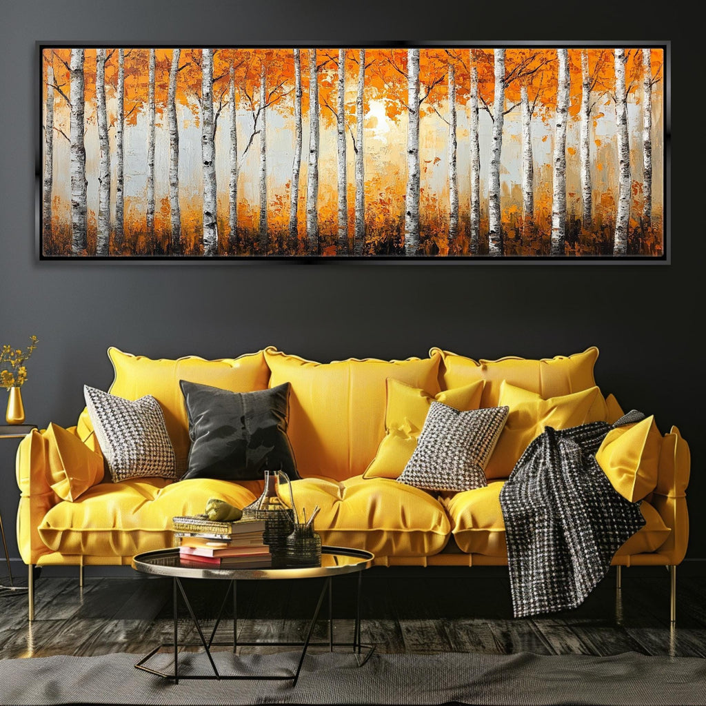 Birch Tree Wall Art – Large Framed Canvas Print with Orange Fall Leaves, Ready to Hang