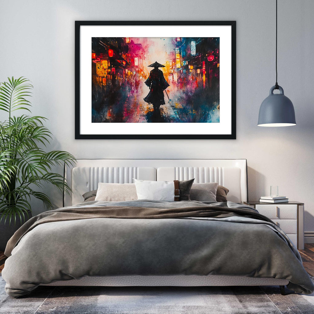 a bedroom with a large bed, a framed painting of a person in a traditional Asian outfit, and a potted plant.