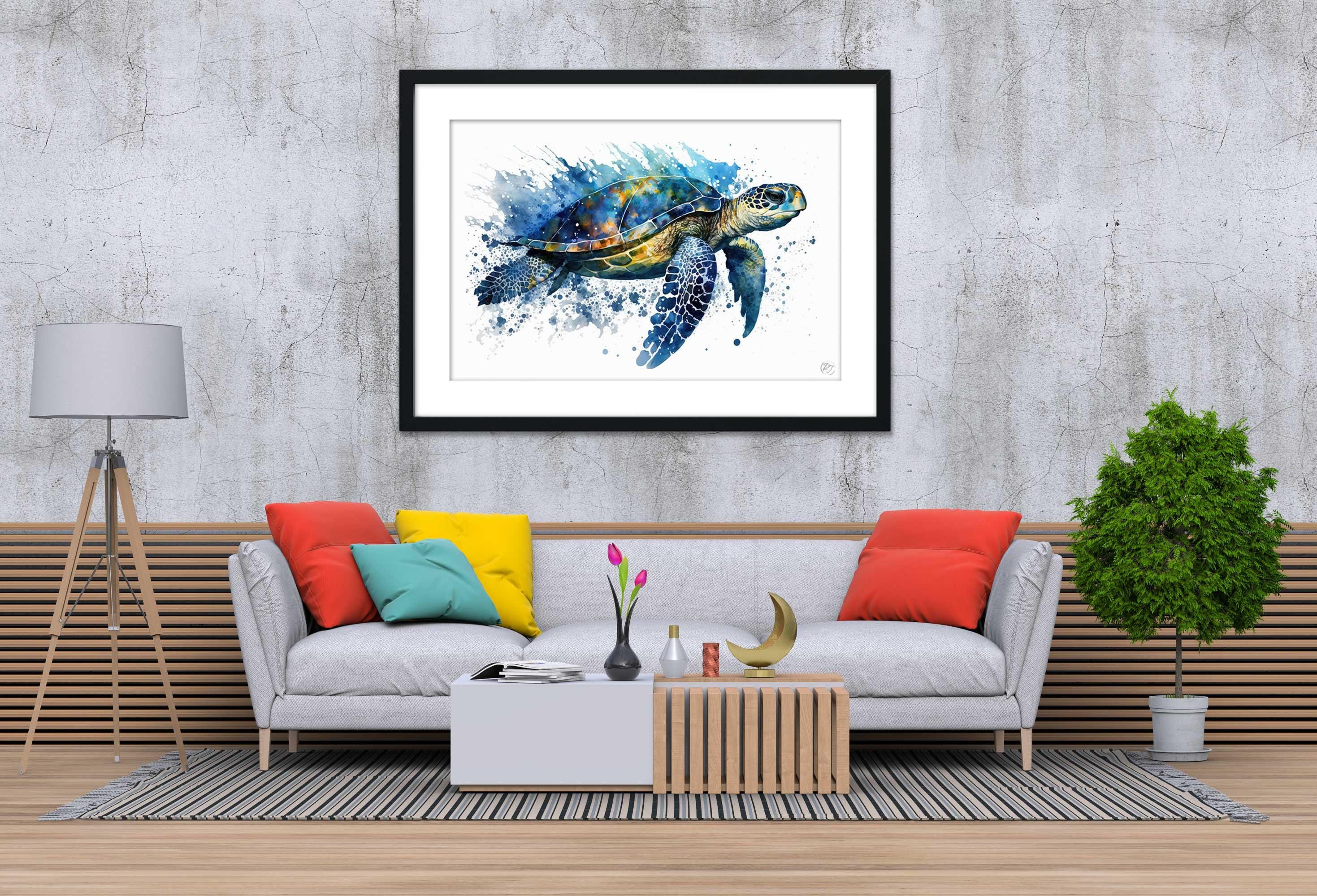 Sea Turtle Watercolor Art Print, Nursery Nautical Canvas Print, Undersea Animal Framed Kids Wall Art