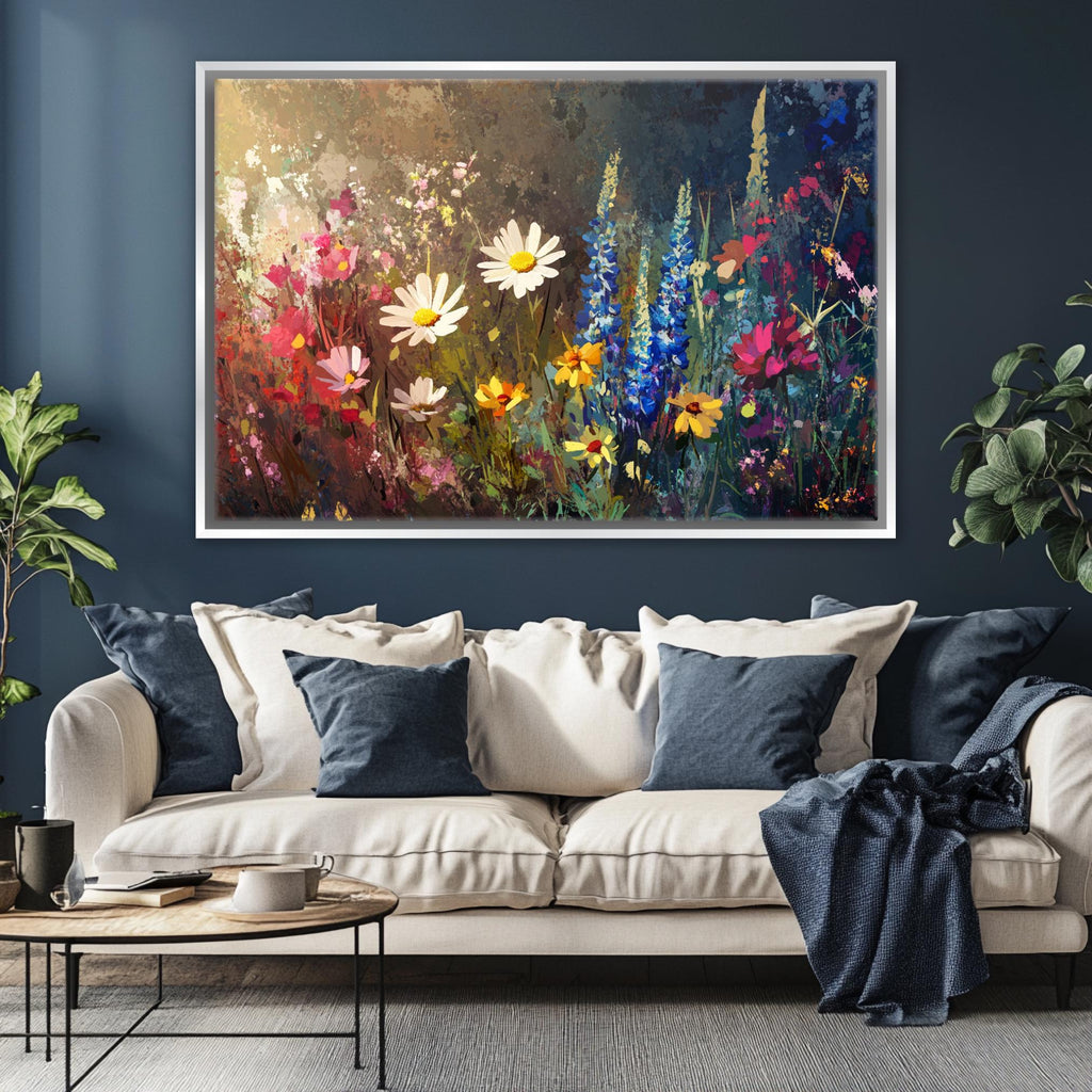a living room with a couch and a painting on the wall