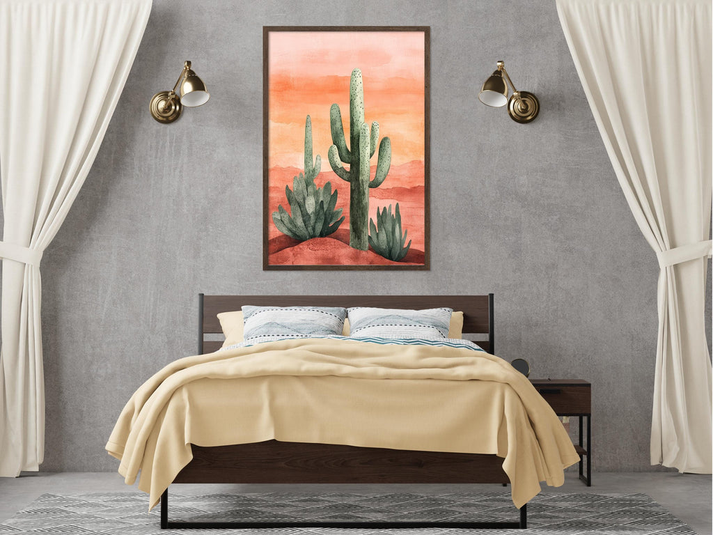 a bedroom with a bed, a nightstand, and a framed painting of cacti on the wall above the bed.