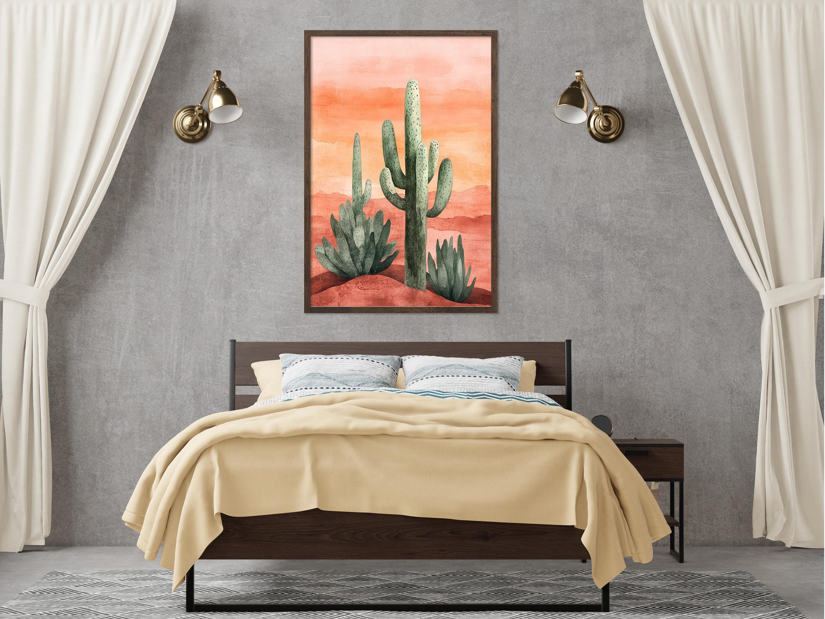 a bedroom with a bed, a nightstand, and a framed painting of cacti on the wall above the bed.