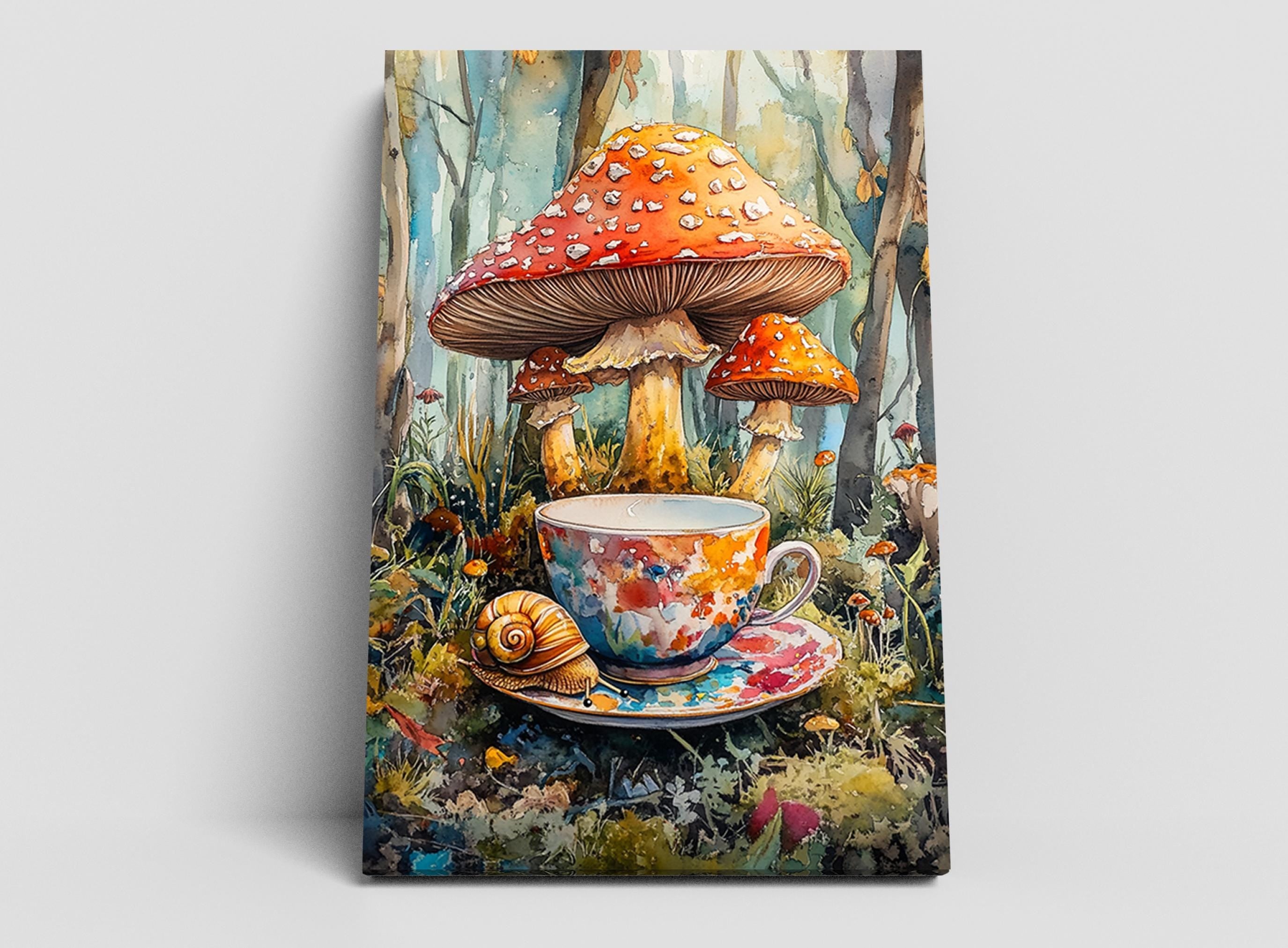 A whimsical painting depicting a cup of tea surrounded by a forest scene with mushrooms, a snail, and other natural elements.