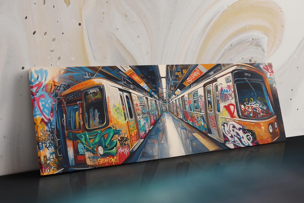 a painting of a subway train with graffiti on it