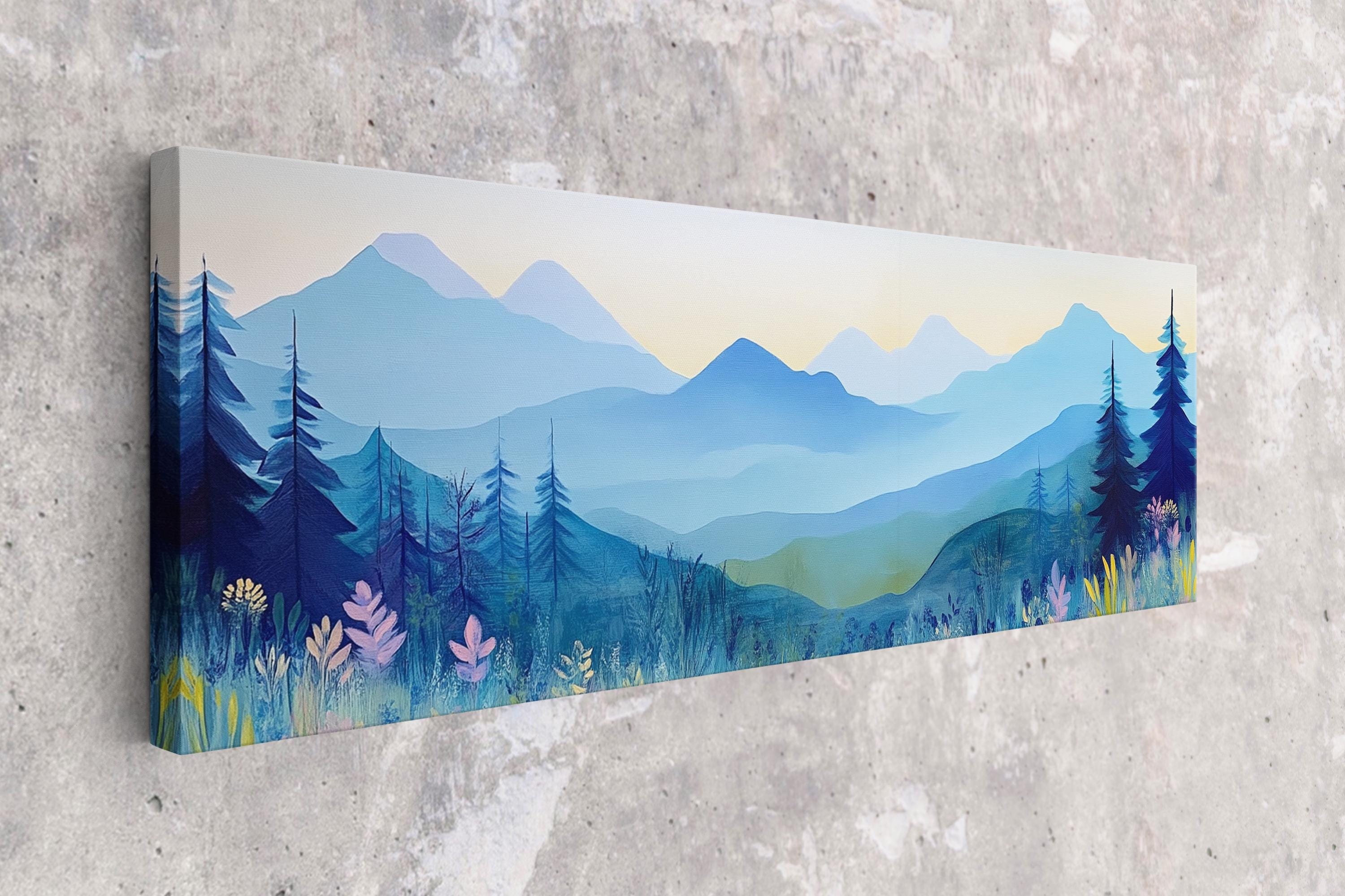 a painting on a wall of a mountain scene
