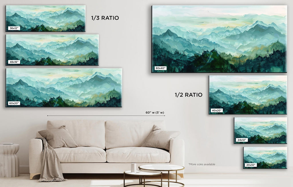 a living room with a couch and paintings on the wall