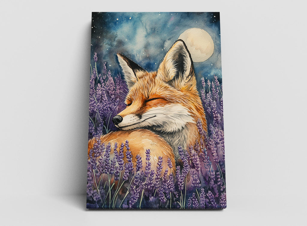 A painting of a fox resting in a field of purple flowers, with a full moon in the night sky.