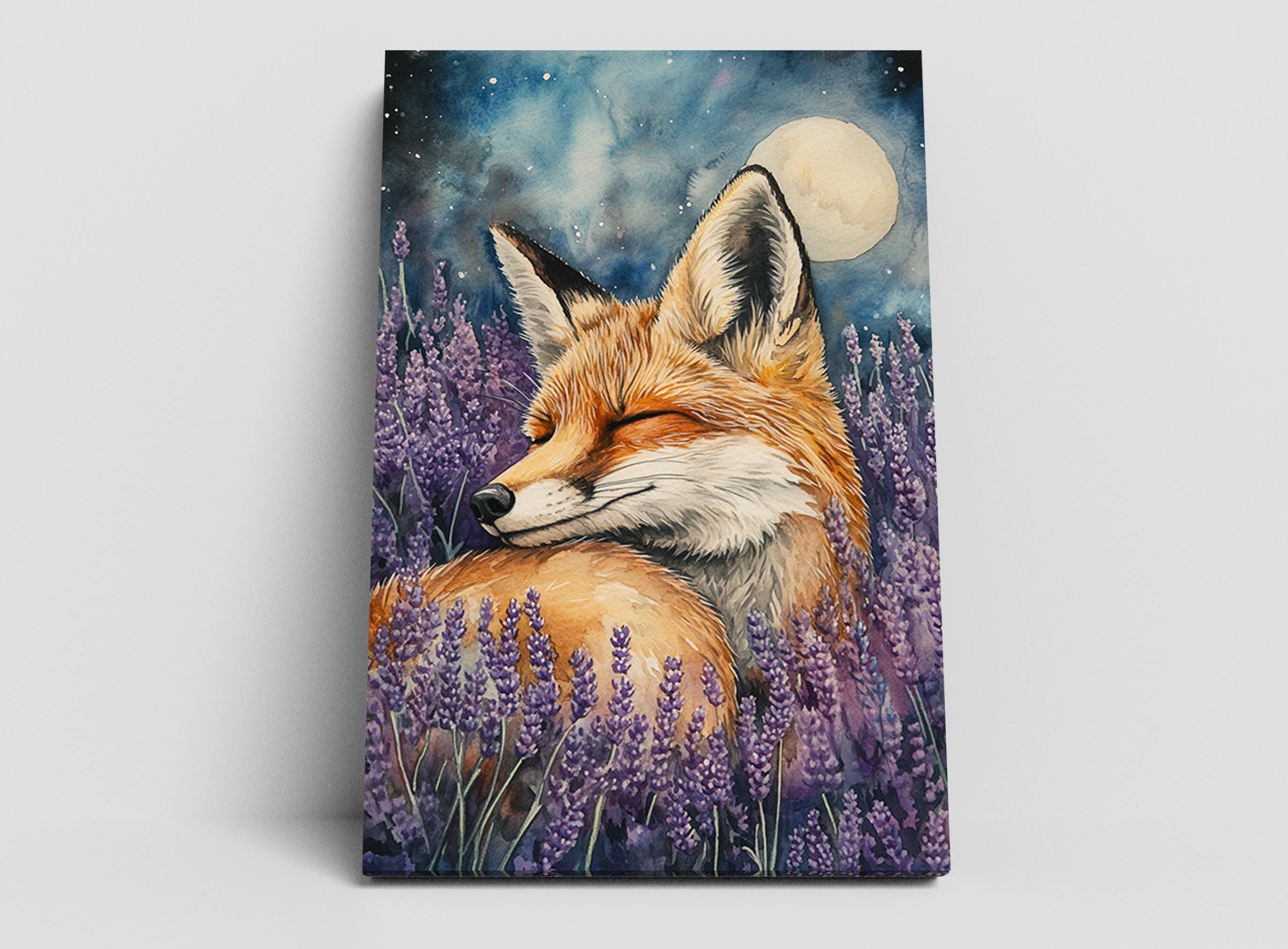A painting of a fox resting in a field of purple flowers, with a full moon in the night sky.