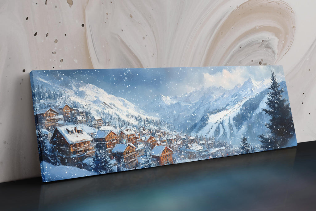 a painting of a snowy mountain village
