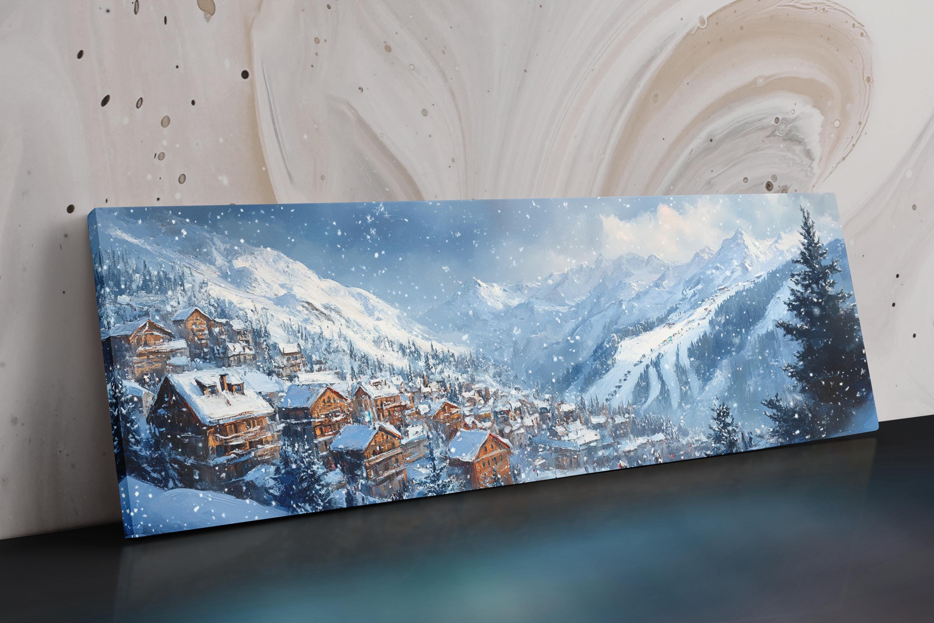 a painting of a snowy mountain village