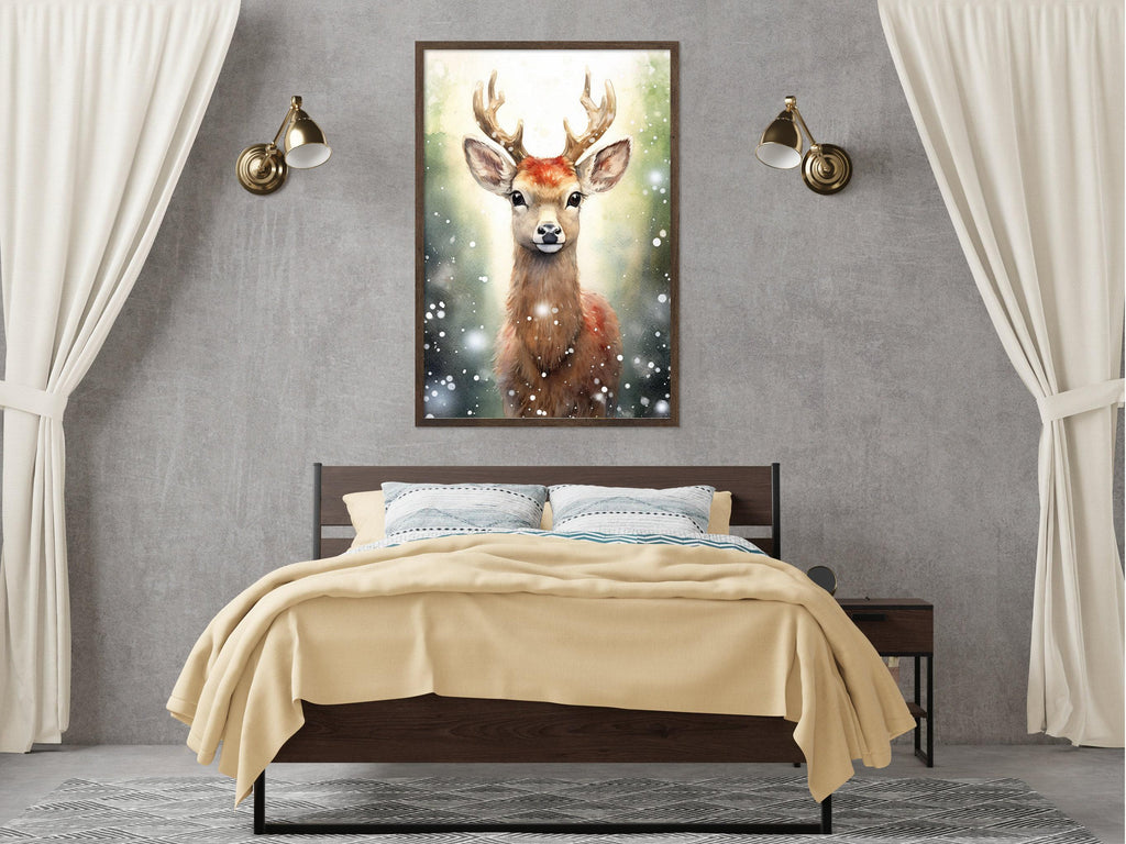 Baby Reindeer Watercolor - Festive Christmas Art, Giclee Print on Canvas, Artist Paper, Watercolor Paper, Available in Extra Large Sizes