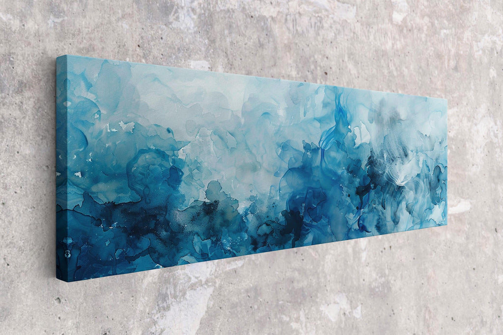 a painting on a wall of blue water