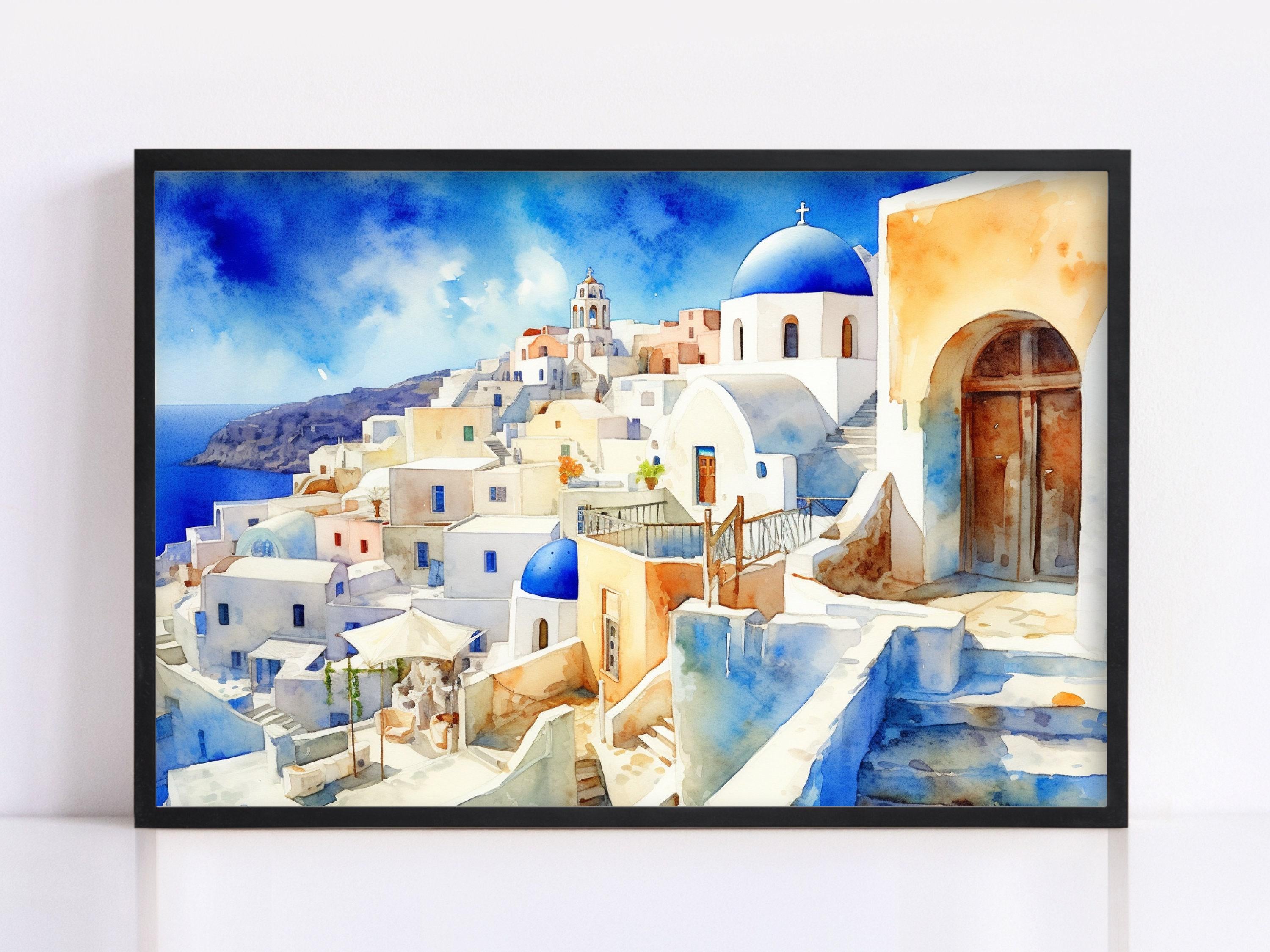 Aegean Serenity in Santorini: Watercolor Painting Print, Print on Canvas, Artist Paper, Watercolor Paper, Available in Extra Large Sizes