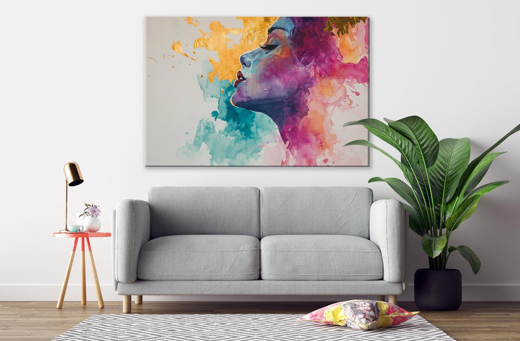 a modern living room with a gray sofa, a potted plant, and a large abstract painting hanging on the wall above the sofa.