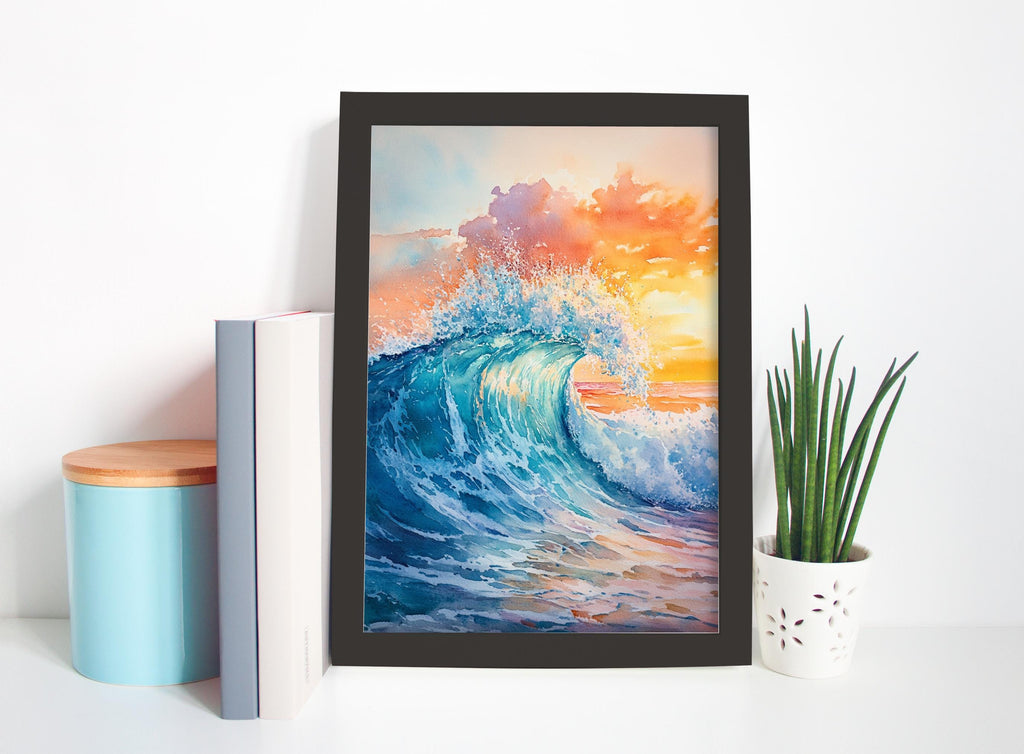 a framed painting of a large, crashing wave with a vibrant sunset in the background. The painting is displayed on a white wall, and there are a few other objects in the scene, including a blue container, a white pot with a plant, and a few books.