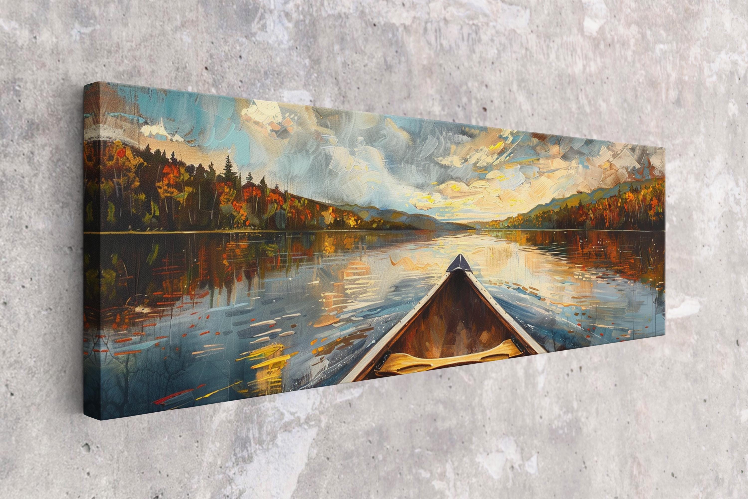 The image is a painting depicting a canoe on a lake, with a scenic landscape in the background featuring trees, mountains, and a cloudy sky.