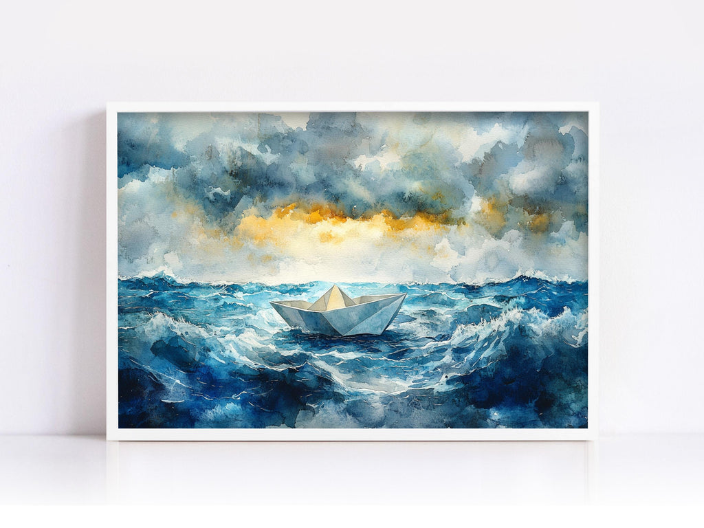A watercolor painting depicting a small boat sailing on rough, stormy seas under a dramatic cloudy sky.