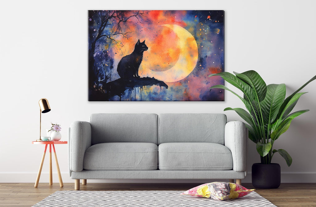 a gray sofa, a potted plant, a lamp, and a large painting of a cat sitting on a branch with a crescent moon in the background.