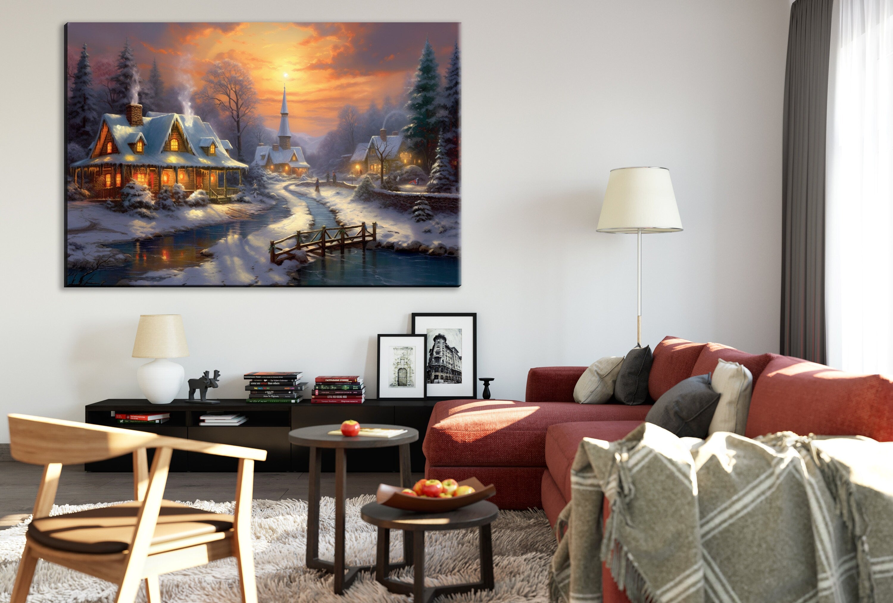 Christmas Canvas Art – Snowy Village Rustic Winter Landscape Print on Gallery Wrapped Canvas