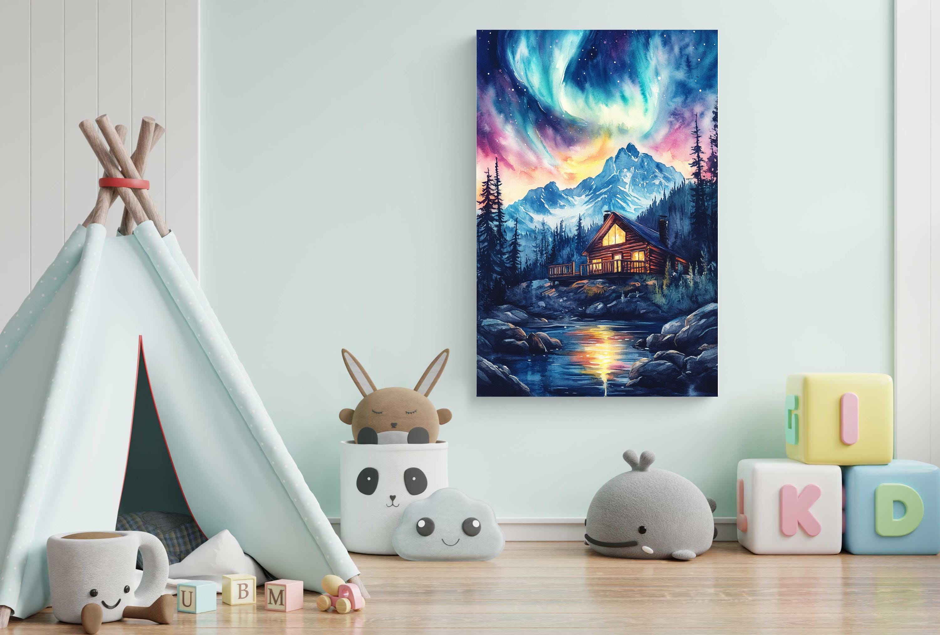 A colorful painting of a cabin surrounded by a snowy mountain landscape with a vibrant display of the Aurora Borealis in the night sky.