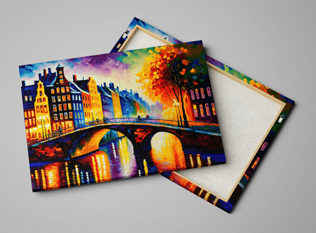Amsterdam Canvas Art – Bridges of Amsterdam Vibrant Cityscape Painting on Gallery Ready Canvas