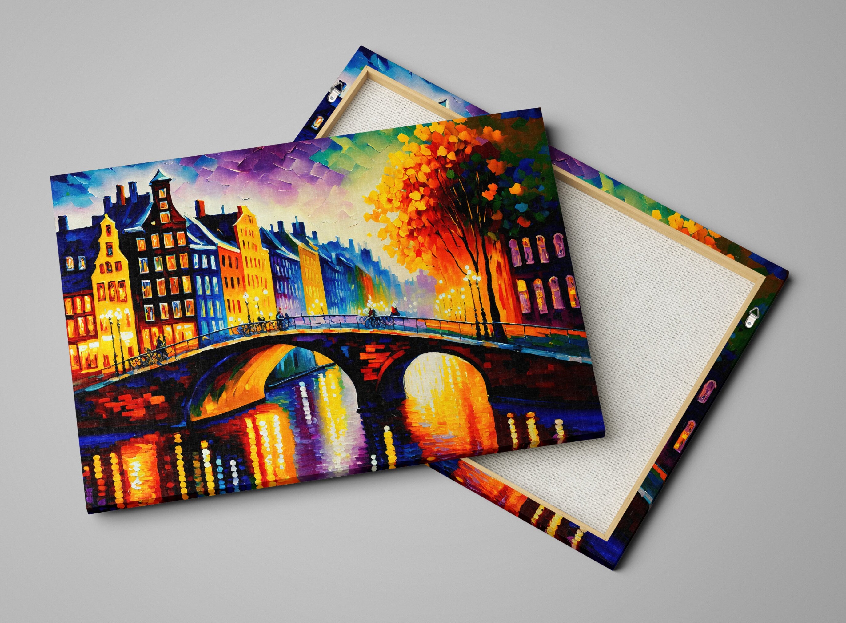 Amsterdam Canvas Art – Bridges of Amsterdam Vibrant Cityscape Painting on Gallery Ready Canvas