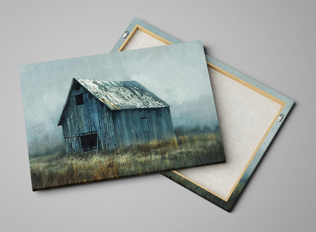 a dilapidated wooden barn standing alone in a field, with a misty, foggy atmosphere surrounding it.