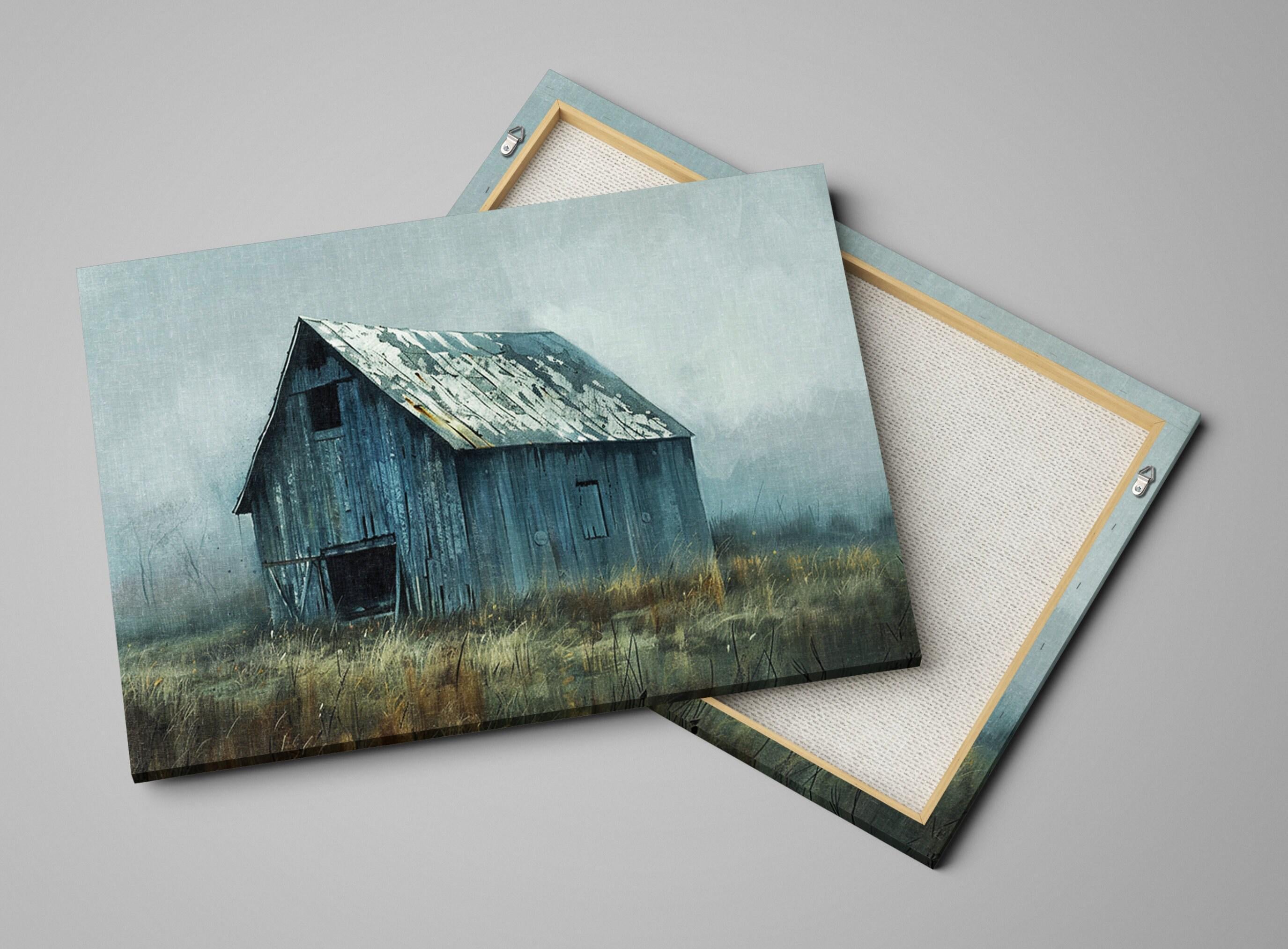 a dilapidated wooden barn standing alone in a field, with a misty, foggy atmosphere surrounding it.