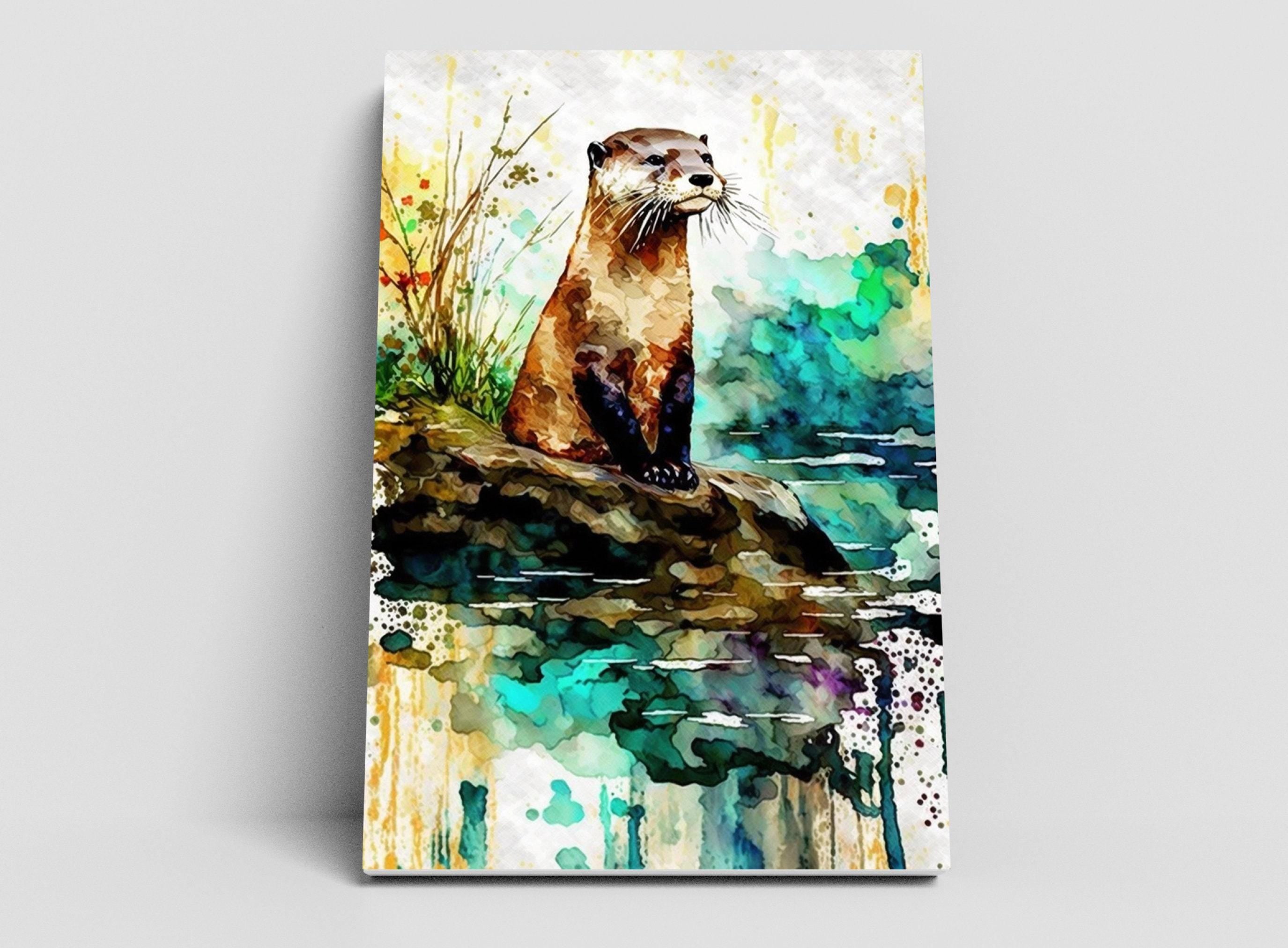 Riverbank Charm: Watercolor River Otter Wall Decor, Giclee Print on Canvas, Artist Paper, Watercolor Paper, Available in Extra Large Sizes