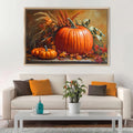 a cozy living room with a white sofa adorned with orange and brown throw pillows. Above the sofa, a large painting of pumpkins and autumn foliage hangs on the wall, creating a warm and inviting atmosphere. In front of the sofa, there is a coffee table with a blue vase and a plant, adding a touch of nature and color to the space.