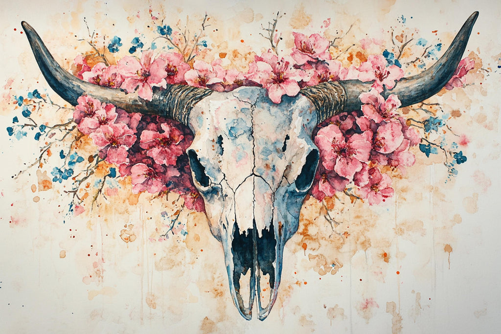 A watercolor painting depicting a skull adorned with pink flowers and branches.