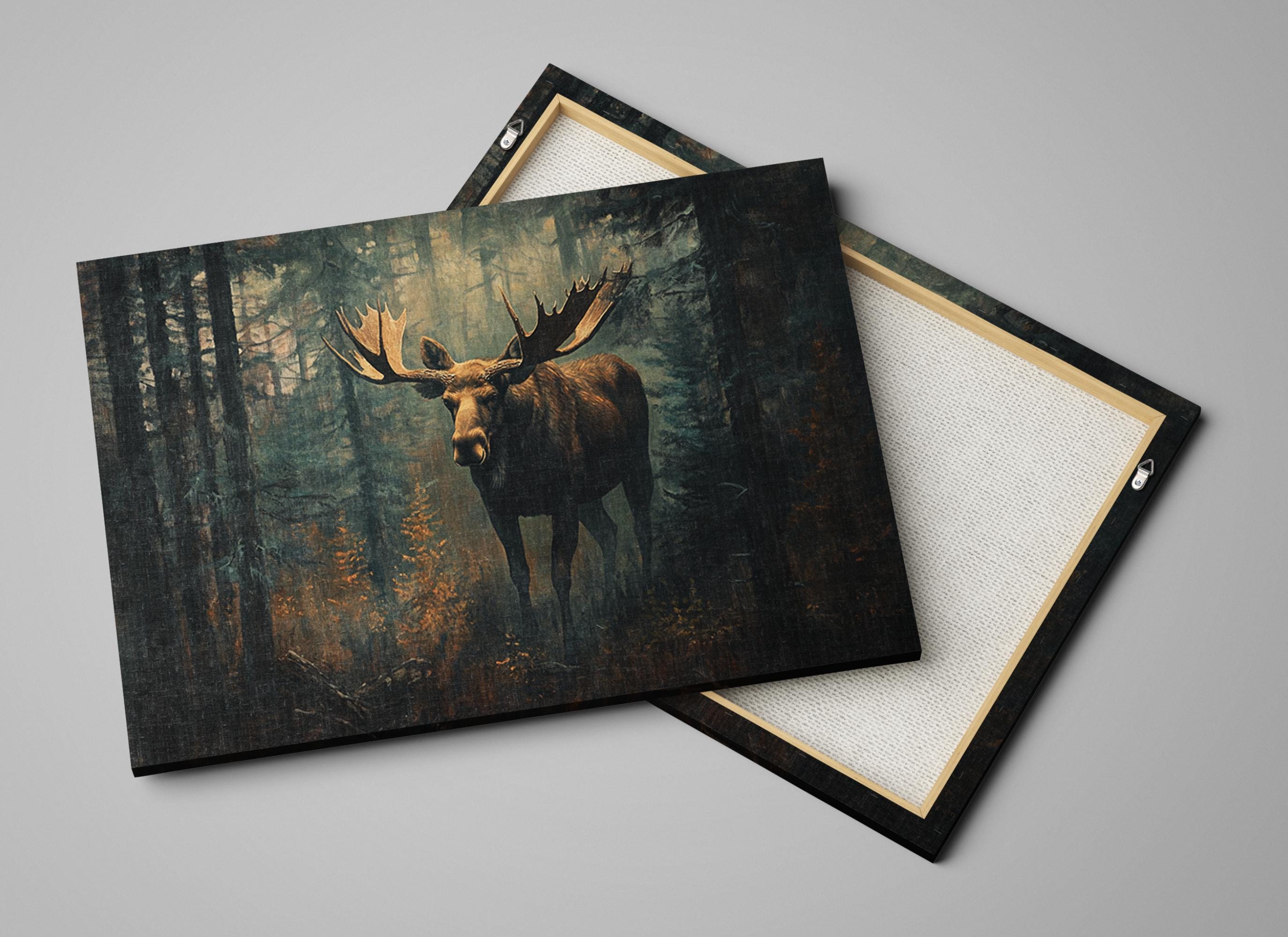 a painting of a moose in a forest