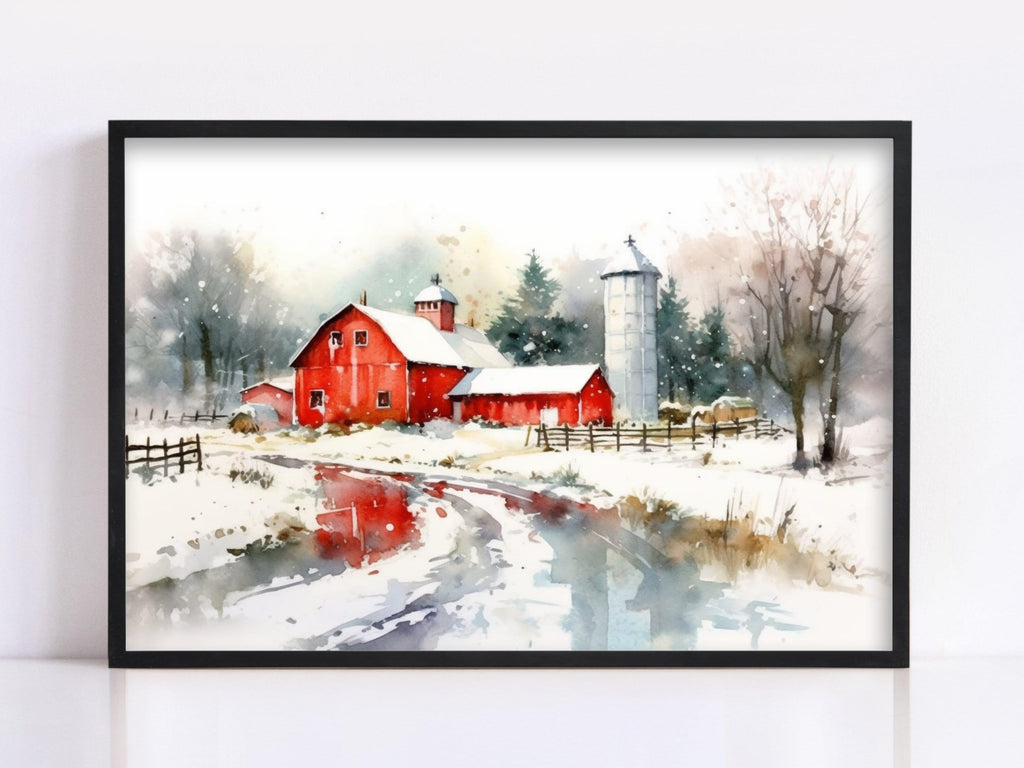 Rural Christmas Watercolor - Festive Farmhouse Art, Giclee Print on Canvas, Artist Paper, Watercolor Paper, Available in Extra Large Sizes