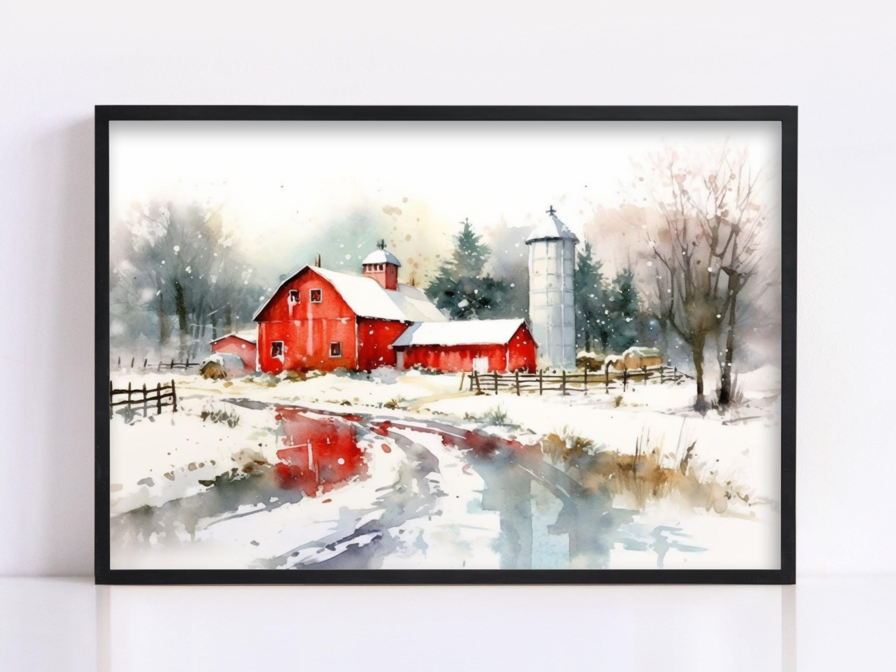 Rural Christmas Watercolor - Festive Farmhouse Art, Giclee Print on Canvas, Artist Paper, Watercolor Paper, Available in Extra Large Sizes