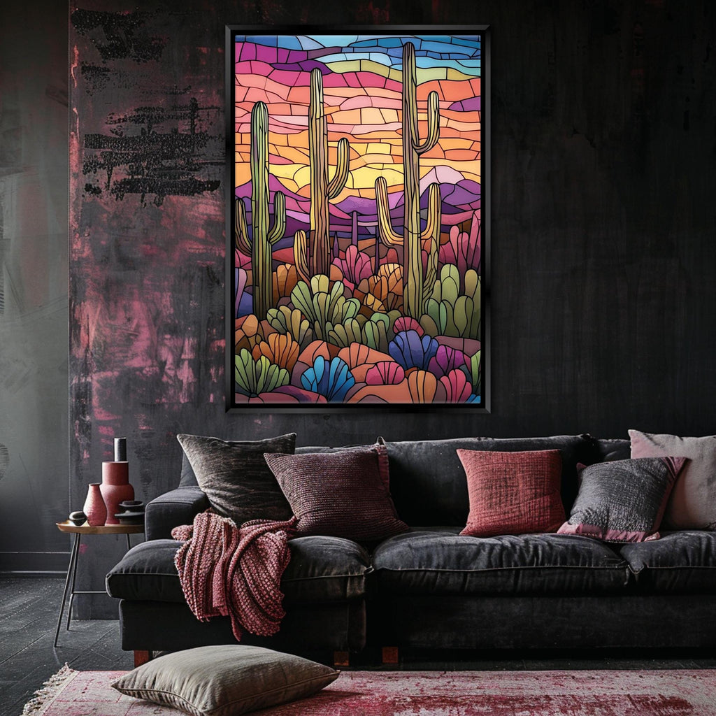 a living room with a couch and a painting on the wall