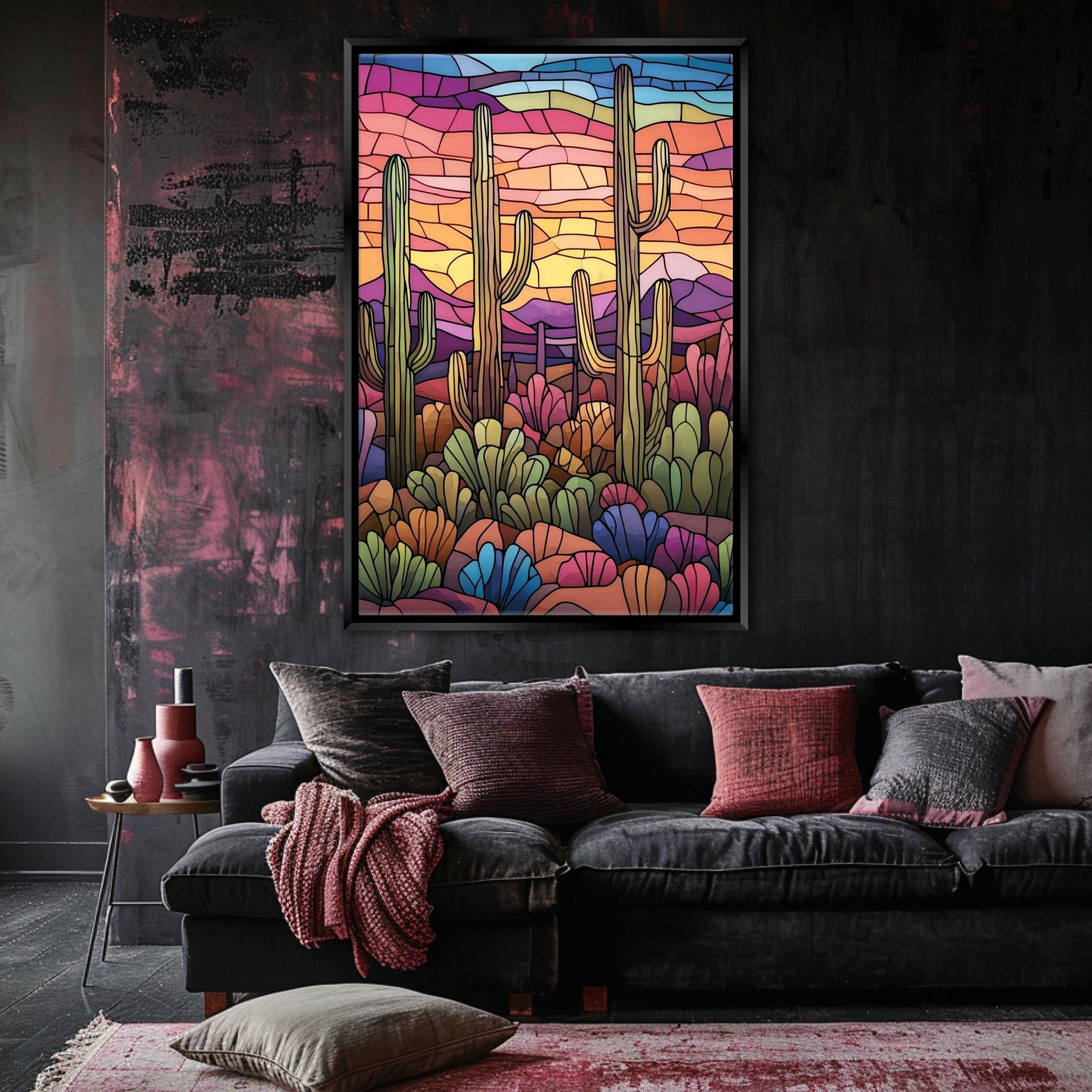 a living room with a couch and a painting on the wall