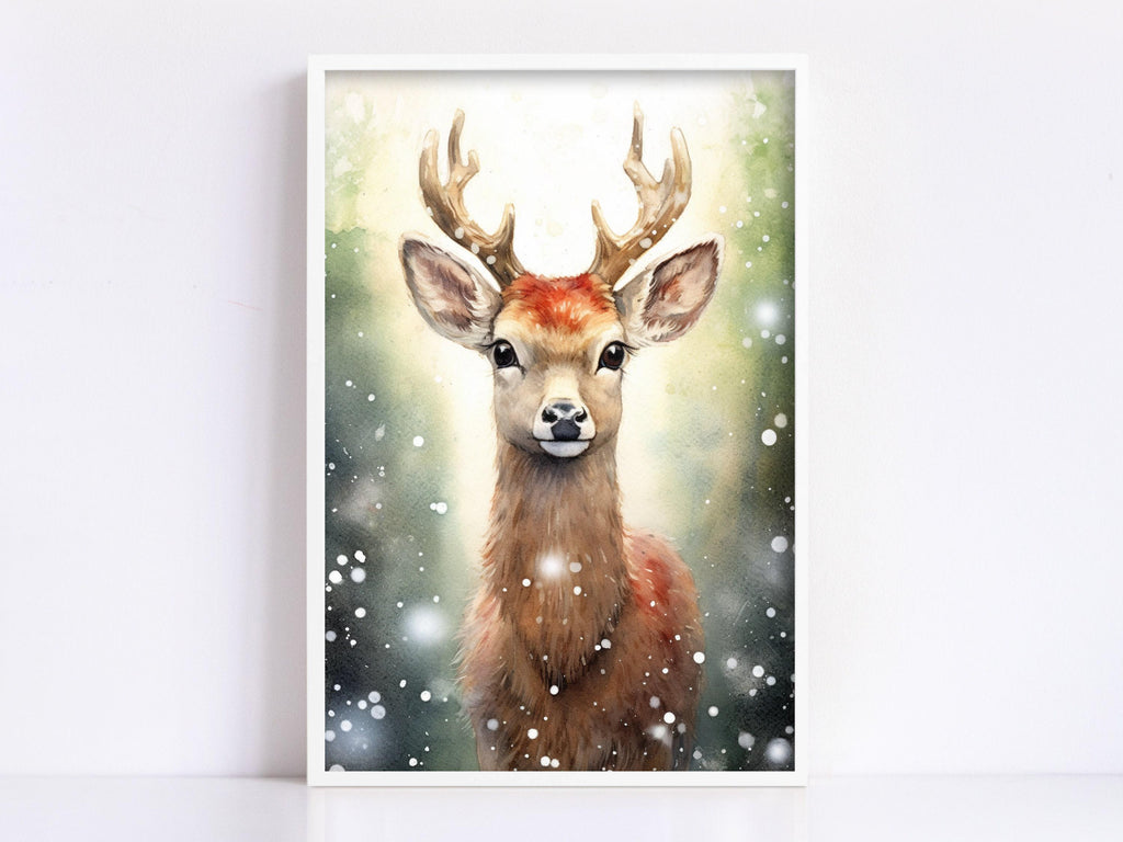Baby Reindeer Watercolor - Festive Christmas Art, Giclee Print on Canvas, Artist Paper, Watercolor Paper, Available in Extra Large Sizes