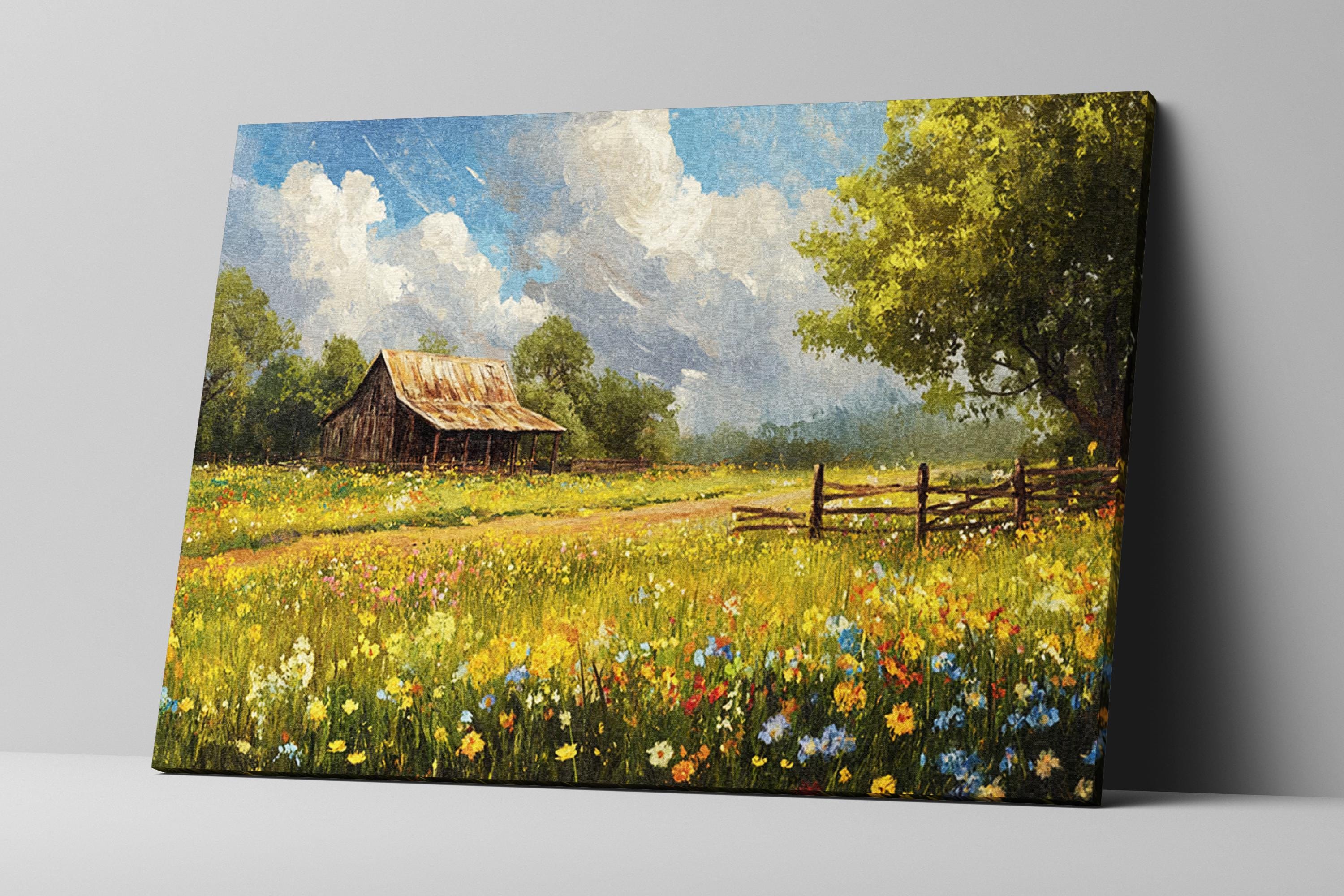 a painting of a barn in a field of flowers