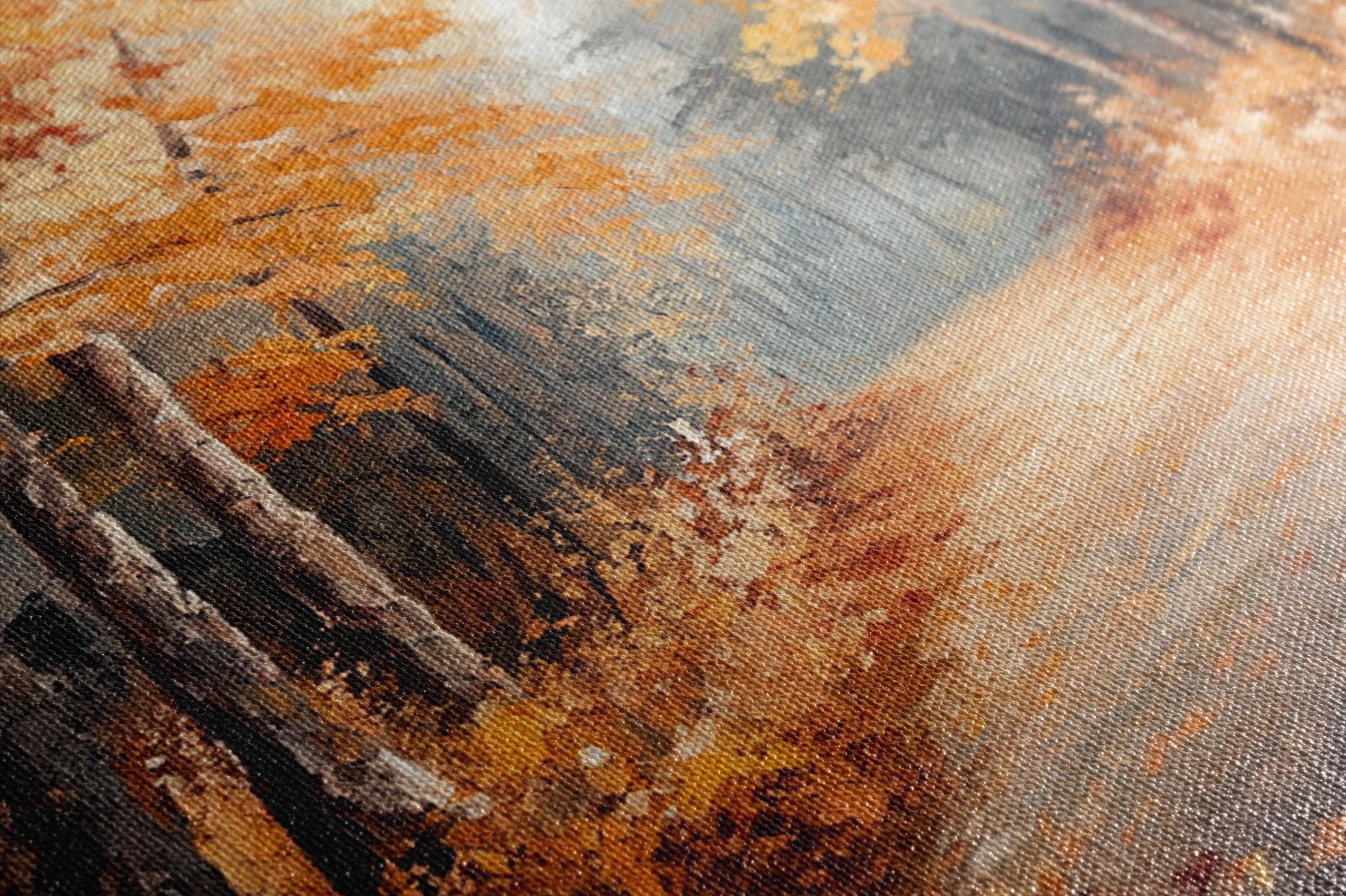The image is a close-up of a painting with a textured, abstract background featuring a mix of orange, brown, and gray colors.