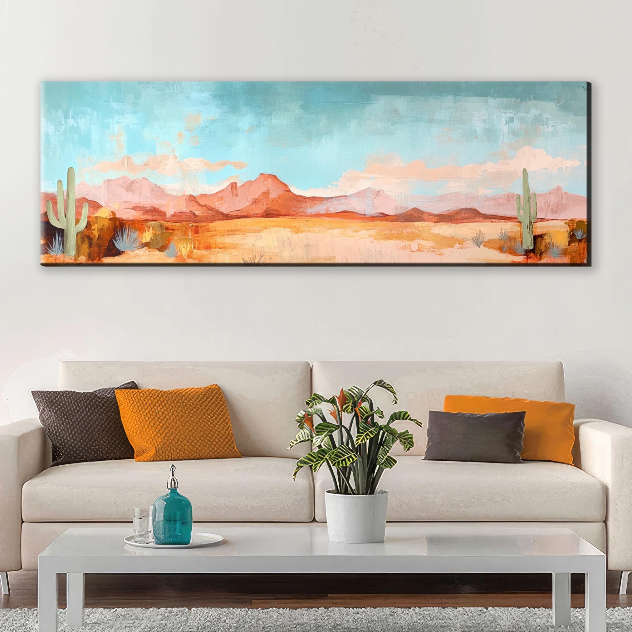 a living room with a couch and a painting on the wall