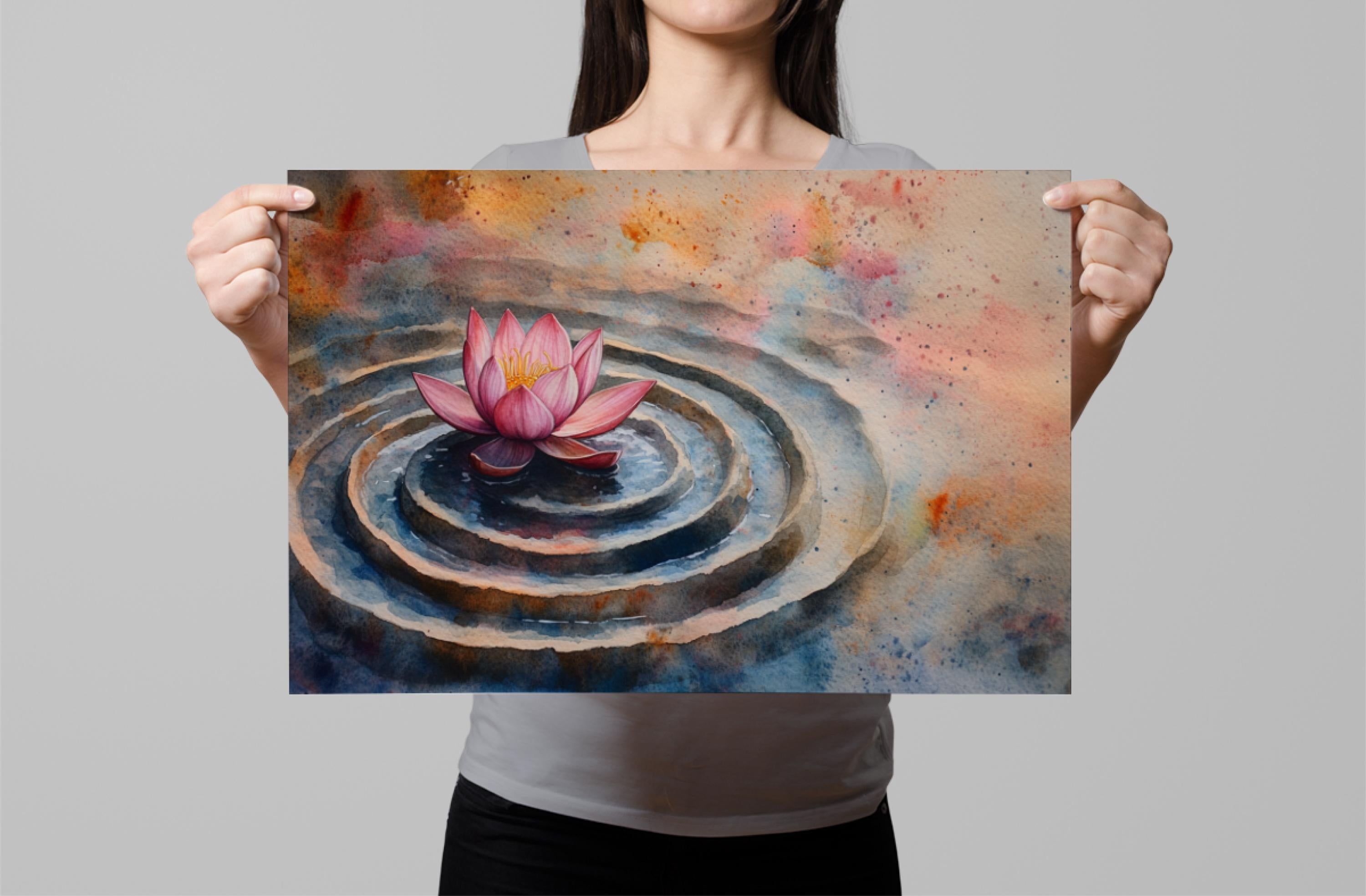 A woman holds up a framed print featuring a watercolor painting of a pink lotus flower in a pond with concentric circles.