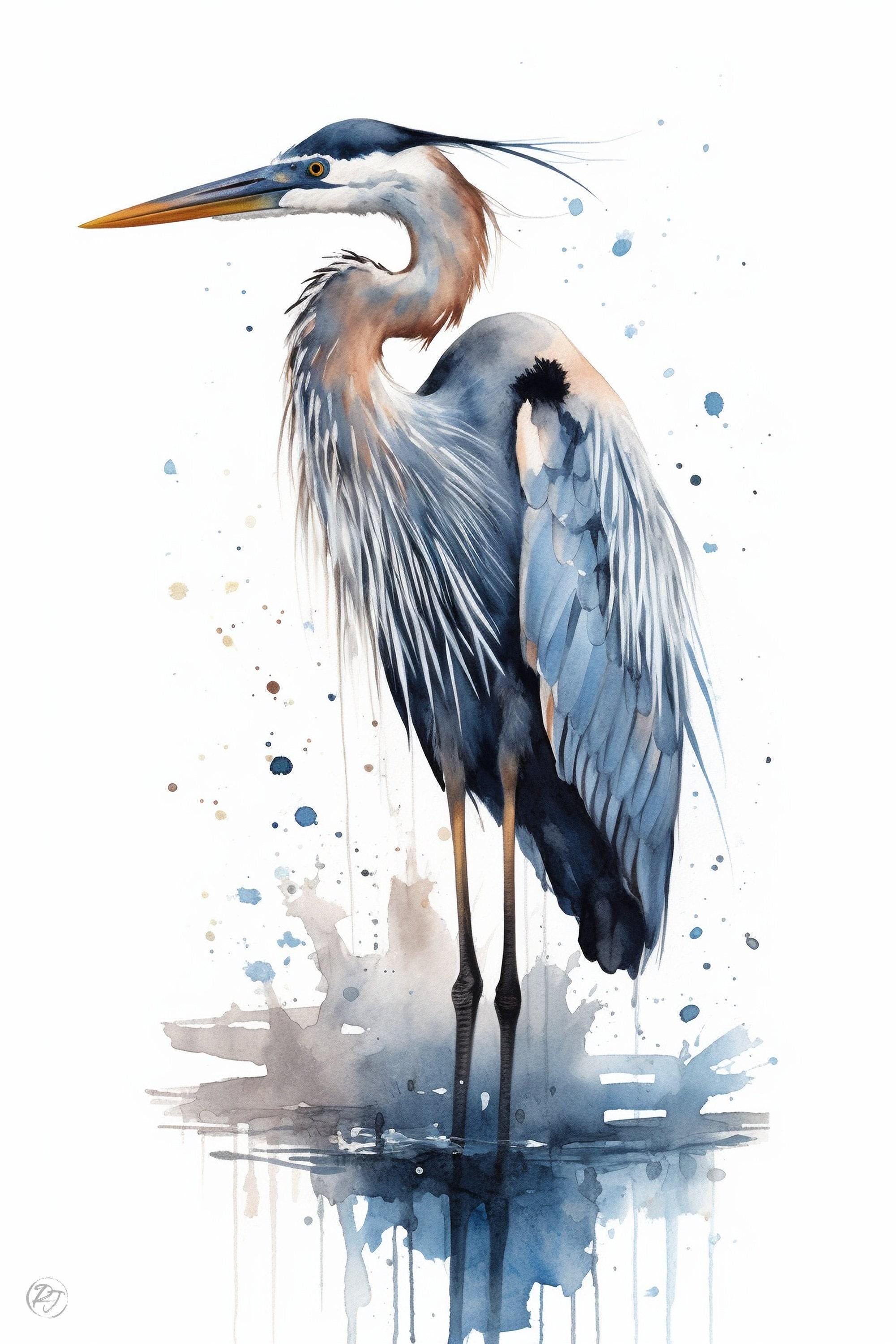 Tranquil Guardian: Blue Heron Watercolor Wall Art, Giclee Print on Canvas, Artist Paper, Watercolor Paper, Available in Extra Large Sizes