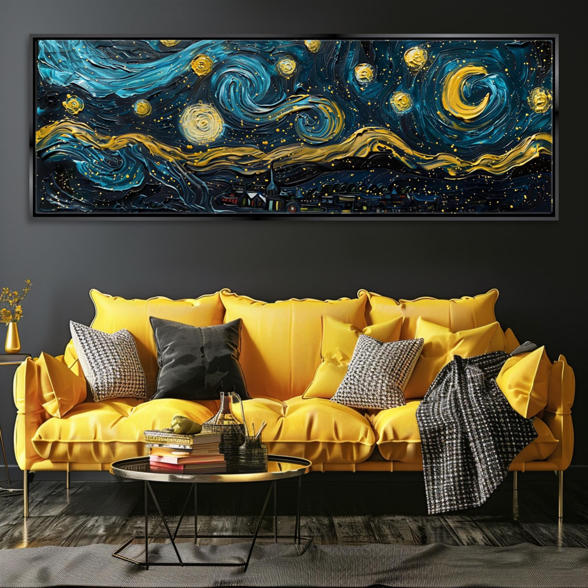 a living room with a yellow couch and a painting on the wall
