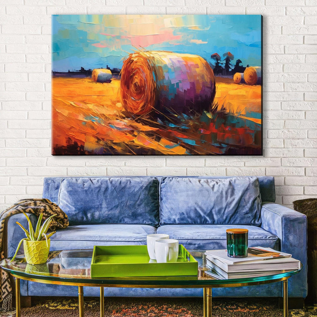 Hayfield Farm Landscape Art - Autumn Harvest Canvas | Large Rustic Wall Decor