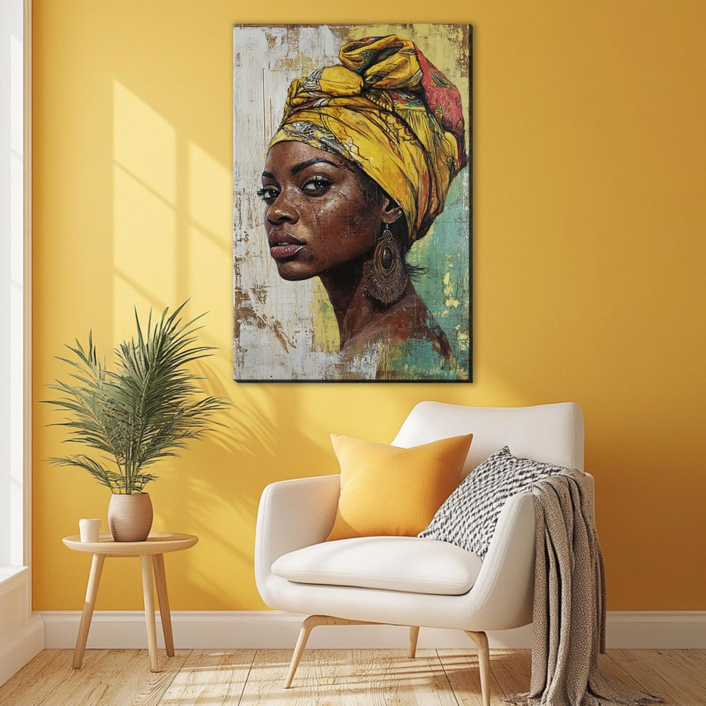 a painting of a woman wearing a yellow turban
