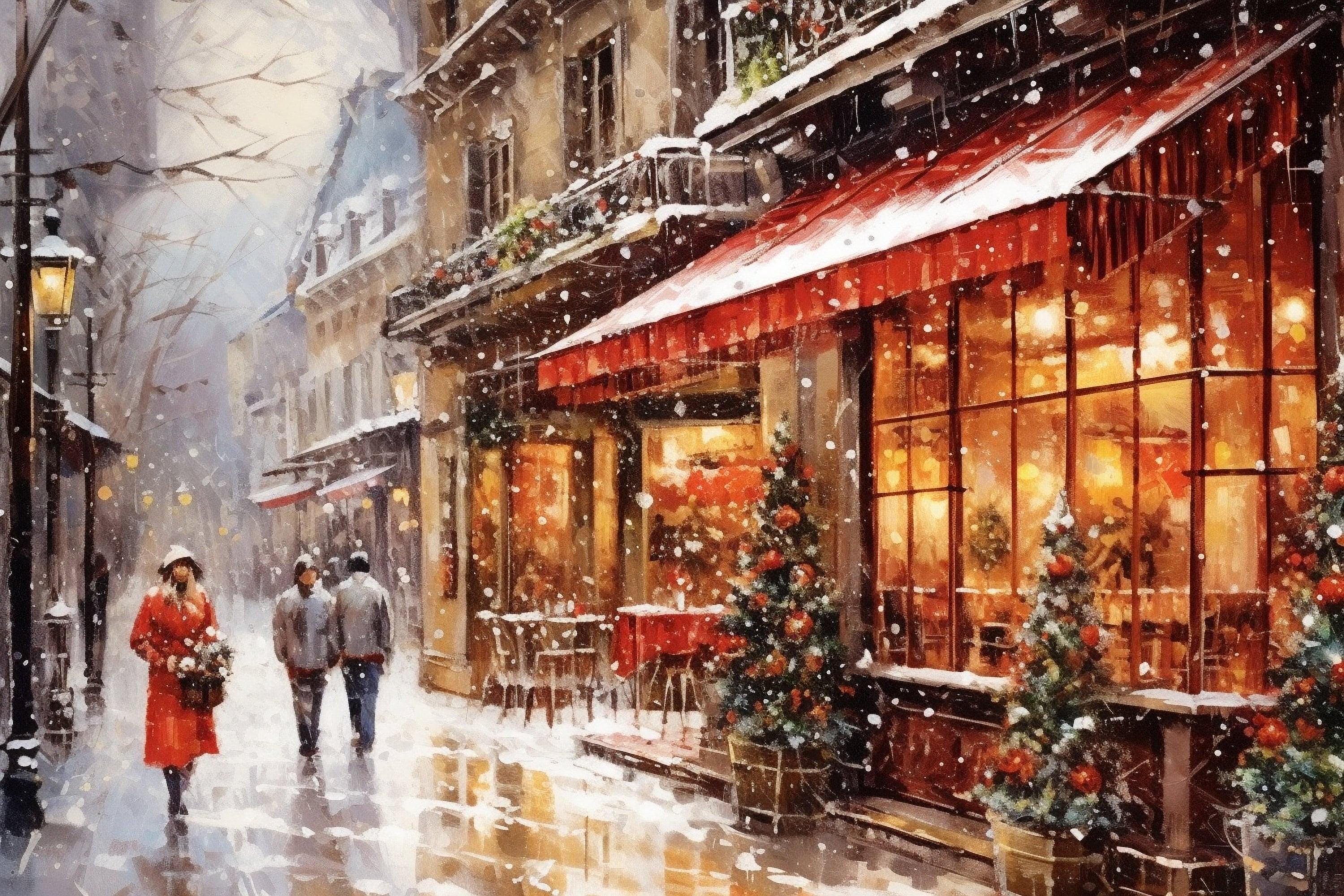 Winter Cityscape Watercolor - Holiday Home Decor, Giclee Print on Canvas, Artist Paper, Watercolor Paper, Available in Extra Large Sizes