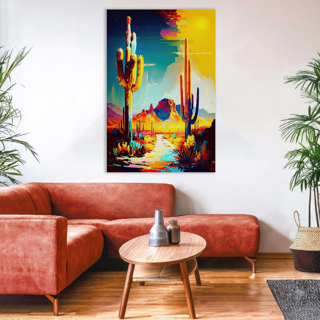 a vibrant desert landscape with cacti and mountains in the background, creating a colorful and lively atmosphere.
