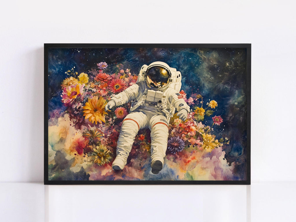 an astronaut floating in a colorful, flower-filled space, surrounded by a starry night sky.