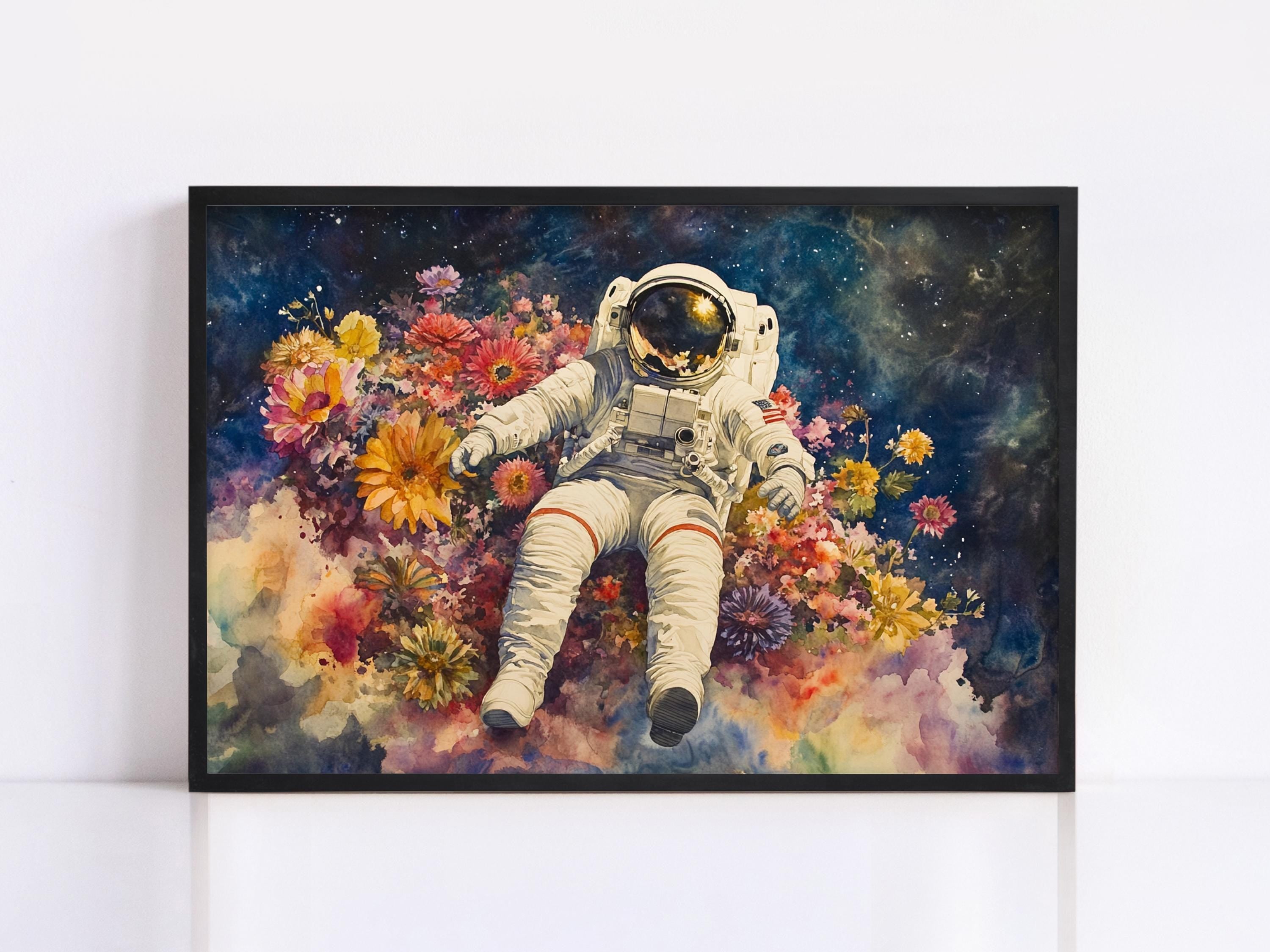 an astronaut floating in a colorful, flower-filled space, surrounded by a starry night sky.