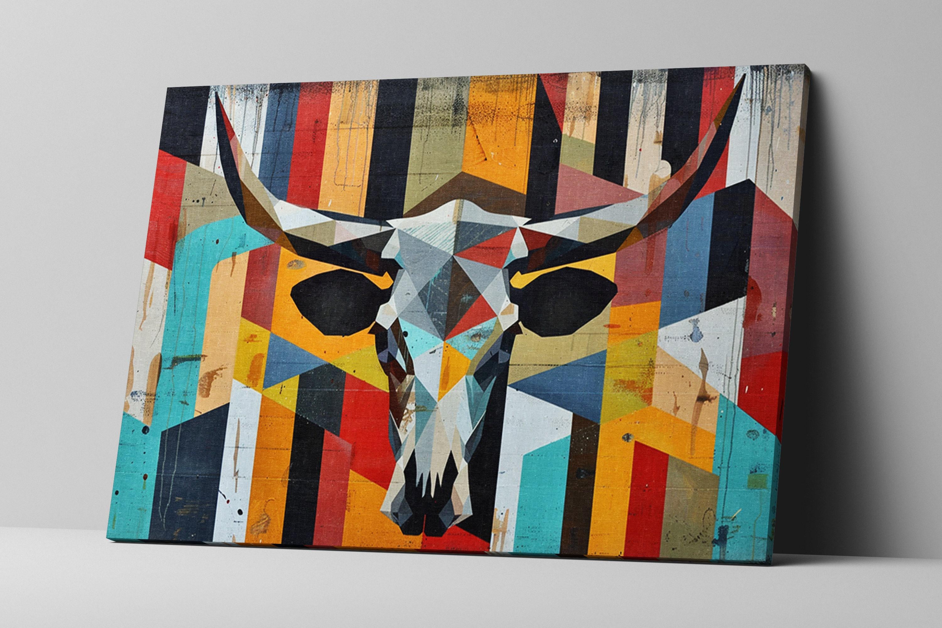 Retro Cow Skull Art - Large Canvas Wall Decor | Mid Century Modern Southwest Style